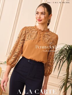 69666 เสื้อ A La Carte ชีฟอง งานปักฉลุช่วงอกและแขน คอกลม กระดุมหน้า มีซับใน แขน 3 ส่วนปลายสม็อก