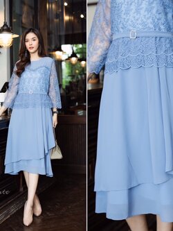 P8873 เดรสชีฟองลูกไม้+เข็มขัดเพชร เนื้อผ้าหนากำลังดี งานแต่งลูกไม้ช่วงกระโปรงดีไซน์การวางผ้าแบบเลเยอร์สวยหรู ด้านหลังมีซิปยาว มีซับในมี 3 สี ฟ้า ขาว ชมพู