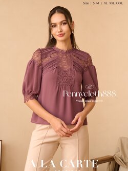 69686 เสื้อ A La Carte ชีฟองสีพื้นตัดต่อลูกไม้เนื้อทอที่อก แขน ตีเกล็ด แทรกทริม มีซับใน