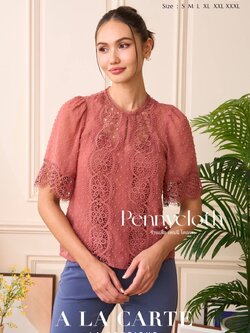 69829 เสื้อ A La Carte ชีฟอง คอกลมแต่งทริม แขนสั้นแฟร์ เนื้อผ้ามีจุดในตัว แต่งผ้าลูกไม้เนื้อทอใหม่ มีซับใน ใส่สบาย by PENNY CLOTH