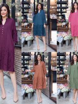 P8870 เดรสผ้าฝ้ายลินินเกาหลี เนื้อผ้าหนากำลังดี งานแต่งด้วยผ้าชิ้นจับวางให้เป็นลวดลายดอกไม้ เดรสทรงชายกระโปรงตัดโค้ง มีกระเป๋า อก 44" ยาว 40" มี สีเขียวทะเล ชมพูเข้ม เขียวขี้ม้า