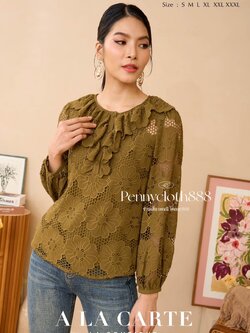 69717 เสื้อ A LaCarte ลูกไม้ชีฟอง งานปักฉลุทอขึ้นใหม่ คอกลมกระดุมหน้า มีระบาย แขนยาว 4 ส่วน มีซับใน by PENNY CLOTH 888