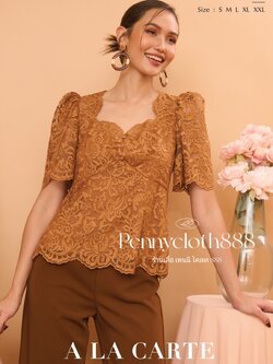 69586 เสื้อลูกไม้ตาข่ายงานปัก ทรงคอเหลี่ยมเลาะเชิง คัทวีใต้อก ดูเพรียว แขนสั้น สีแดง สีน้ำตาล สีเทา