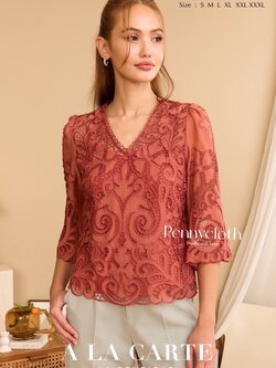 69863 เสื้อ A La Carte ชีฟองซิลด์ งานปักฉลุ มีซับใน คอวี แขน 3 ส่วน by PENNY CLOTH