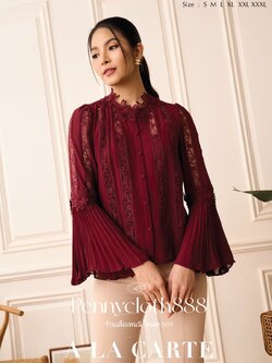 69498 เสื้อชีฟองแทรกทริมลูกไม้ แขนกระบอก ปลายอัดพลีท กระดุมหน้า มีซับใน สีขาว S-3XL สีแดง L,XL,3XL สีครีม