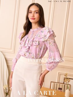 69457 เสื้อ Alacarte ชีฟองพิมพ์ลายดอก แต่งลูกไม้เนื้อนุ่ม มีระบาย ซับใน แขน 3 ส่วน