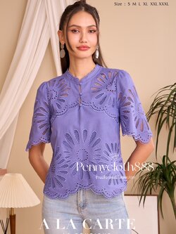 69788 เสื้อ A La Carte ลินินกึ่งคอตตอน ปักฉลุ เซาะทริม คอกลม มีกระดุม แขนสั้นแฟร์ by PENNY CLOTH 888