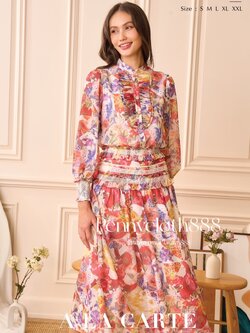 J0107 ชุดเซท A La Carte เสื้อเชิ้ตผ้าชีฟองซิลด์พิมพ์ลาย กระดุมหน้า แขนยาว กระโปรงมีซิปหลัง มีซับใน