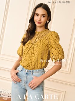 69396 เสื้อลูกไม้คอตตอน งานปักฉลุขึ้นใหม่ เนื้อผ้าใส่สบาย มีซับใน แขนสั้นบอลลูนปลายสม็อค เหลือง ขาว ฟ้าอมเทา