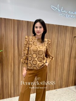 69550 เสื้อลูกไม้งานปักฉลุ ผ้าซิลด์ ทอลูกไม้ แต่งดอกป๊อป รอบคอ มีซับ แขนยาว สีขาว ดำ ส้ม น้ำตาล