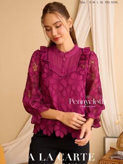 A La Carte เสื้อลูกไม้รุ่นใหม่ งานปักฉลุเซาะ ผ้าชีฟอง คอกลม แขน 4 ส่วน รหัส 69909