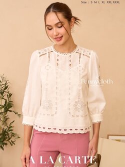 69879 เสื้อ Alacarte ลินินซิลด์ งานปักฉลุ ลายกราฟิกและดอกไม้ คอกลม แขน 5 ส่วน by PENNY CLOTH