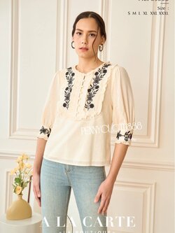 69358 เสื้อ Alacarte ผ้าคอตตอนมีเท็กเจอร์ลายตาราง งานปักด้ายสีดำช่วง อก และขอบแขน มีซับในเย็บติด BY PENNY CLOTH 888