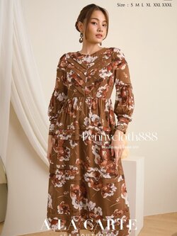 69392 ชุดเดรส Alacarte ผ้าชีฟองพิมพ์ลายดอก คอกลม ช่วงอกตีเกล็ด มีซับใน ซิปหลัง แขนยาว ความยาวเดรส 48 นิ้ว