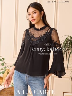 69708 เสื้อ A La Carte ชีฟอง งานปักผ้าลูกไม้ตาข่าย ช่วงอกและแขน ทรงแขนแฟร์ เสื้อมีซับใน