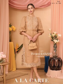 69558 เดรสลินินเนื้อนุ่ม กระดุมหน้า งานปักฉลุทอลูกไม้ มีซับ ซิปหลัง เข็มขัด(ถอดได้) สวยหรู