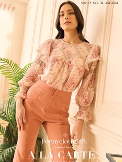 69482 เสื้อ Alacarte ผ้าชีฟองพิมพ์ลาย แทรกทริมลูกไม้ แขนยาว มีซับใน สีชมพู M,L,3XL สีโอลด์โรส L-3XL สีฟ้า XL-2XL