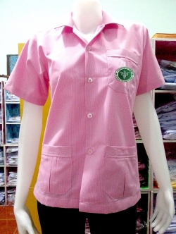 เสื้อริ้วชมพูขาว คอฮาวาย ผู้หญิง ปักกระทรวง