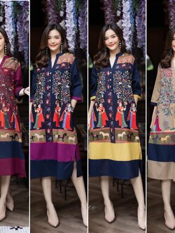 P0531💐🦄เดรสเชิ้ตผ้าฝ้ายลินิน🦚 ตัดต่อแถบสีพื้น พิมพ์ลวดลายการเล่าเรื่องสไตส์อียิปต์กราฟฟิก ตัดด้วยสีผ้าพื้นที่แขนและชายกระโปรง มีกระเป๋า ขนาดฟรีไซซ์ อก 44" ยาว 45"สีม่วงมะปราง เหลือง กากี เลือดหมู