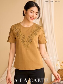 A La Carte รหัส 69848 เสื้อยืด งานปักฉลุช่วงอกและแขน อกลม แขนสั้น เนื้อคอตตอนนุ่มใส่สบาย อก 38-46" by PENNY CLOTH