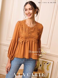 69503 เสื้อ A La Carte ชีฟอง แต่งลูกไม้เนื้อทอ ที่อก มีซับใน ซิปข้าง ทรงเสื้อตัดต่อรูดรอบเอว แขนยาว สีขาว สีส้ม สีเทา