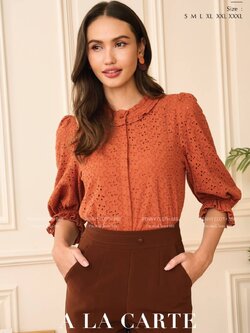 69384 เสื้อ Alacarte ลูกไม้คอตตอน รอบคอแต่งระบาย กระดุมหน้า แขน 3 ส่วน ปลายสม็อก สีครีม S,M,XL-3XL สีส้ม S-3XL สีเขียว S-3XL