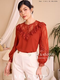 69781 เสื้อ A La Carte ชีฟองแต่งลูกไม้ช่วงอกทรงวี และแขน กระดุมหน้า 3 เม็ด มีซับ by PENNY CLOTH 888