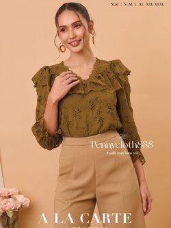 69598 เสื้อ A La Carte ชีฟองงานปักฉลุ ผีเสื้อ คอวี แขน 3 ส่วน มีซับใน