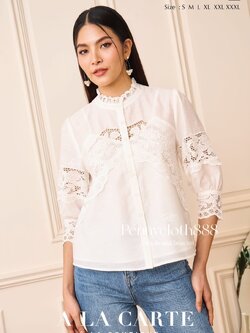 69501 เสื้อคอตตอนซิลด์ คอกลมกระดุมหน้า มีซับใน งานปักฉลุ แขน 3 ส่วน สวยหรูใส่สบาย สีเขียว สีขาว สีน้ำตาล