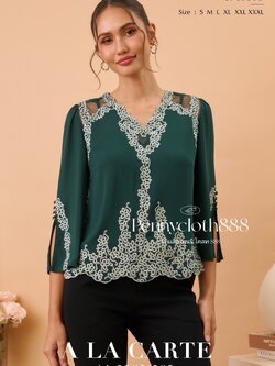 69595 เสื้อ Alacarte ชีฟอง คอวีตัดต่อผ้าลูกไม้ งานปักสวยหรู มีซับใน ทรงแขนแฟร์