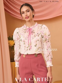 69442 เสื้อชีฟองพิมพ์ลายดอก แต่งกุ๊น ผูกโบ มีซับใน ทรงแขนยกหัวไหล่ สีขาว สีฟ้า สีเหลือง