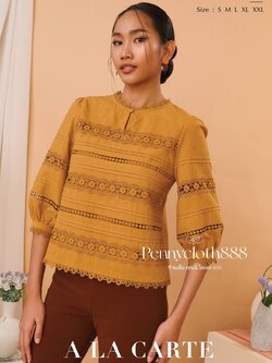 69148 เสื้อ Alacarte ผ้าคอตตอน คอกลม แทรกทริมลูกไม้ ตีเกล็ด มีซับใน แขน 3 ส่วน สีเทา สีเหลือง สีขาว