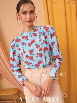 69293 เสื้อชีฟองพิมพ์ลายดอก แต่งกระดุมหน้า มีซับใน แขนยาว สีขาวเหลือง ฟ้า ดำ