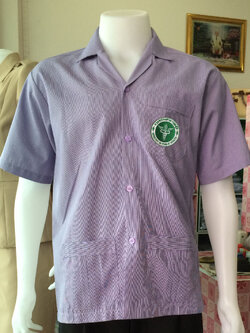เสื้อริ้วม่วงขาว คอฮาวาย ผู้ชาย ปักกระทรวงสาธารณสุข