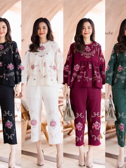 P8826🦋🍀💐ชุดเซ็ทลินินฝ้ายเกรดพรีเมี่ยม งานปักดอกไม้สไตล์โครเชต์ลายดอกกุหลาบ ตกเเต่งลูกไม้สวย อก 44 นิ้ว สี ขาว เขียว