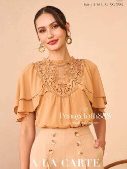 69632 เสื้อ Alacarte ผ้าจอร์เจียชีฟอง คอกลม แต่งลูกไม้ แขนสั้นระบาย 2 ชั้น มีซับใน