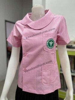 เสื้อริ้วชมพูขาว คอบัวกัลยา ปักกระทรวง ผู้หญิง