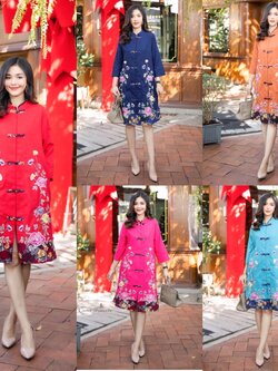 P8818🧧เดรสผ้าลินิน เนื้อผ้านิ่ม ตกแต่งงานปักผสมผ้าลายดอกไม้ มีกระเป๋าซ่อนเเต่งด้วยกระดุมจีน กุ้นขอบที่คอเสื้อ อก 44" มี 5 สี เเดง กรม ส้มอิฐ บานเย็น ฟ้า