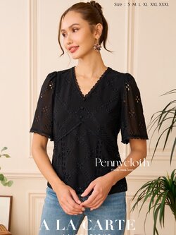 A La Carte รหัส 69834 เสื้อลูกไม้ชีฟอง งานปัก คอวี แขนสั้นแฟร์ สีดำ สีขาว สีโอวัลติน สีส้ม ( ขนาดเอวน้อยกว่าอก 2")