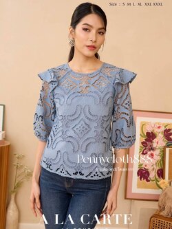 69747 เสื้อ A La Carte ลูกไม้ งานปักฉลุเซาะผ้าจอร์เจีย คอกลม ช่วงบ่าตัดต่อแต่งกระดุม มีระบายที่ไหล่ มีซับในเย็บติด by PENNY CLOTH 888