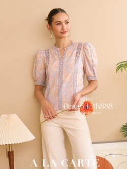 69113 เสื้อ Alacarte คอคตอนพิมพ์ลาย เซาะทริมลูกไม้ คอวี แขนสั้น มีซับใน ซิปข้าง ผ้าเนื้อดี ใส่สบาย