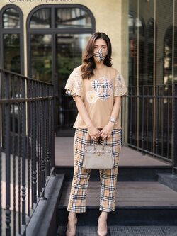 P0465 ชุดเซ็ท+Maskผ้ายืดSpendexเกาหลีเกรดพรีเมียม งานปักดอกไม้ แขนเพิ่มความหรูด้วยผ้าลูกไม้ กางเกงมีกระเป๋า ผ้าสวยใส่สบาย อก 44 นิ้ว สีกากี กรม เขียว