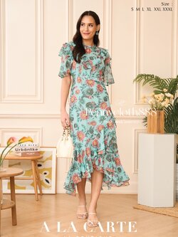 69464 ชุดเดรสชีฟองพิมพ์ลาย แขนสั้น ทรงเข้าเอว กระโปรงเลเยอร์ไล่ระดับ มีซับใน สีชมพู สีดำ สีฟ้าอมเขียว