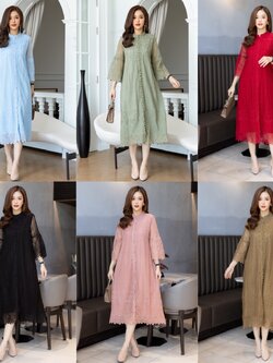 P45 ชุดเดรสลูกไม้ลายเชิง คอกลม กระดุมหน้า มีซับ แขนยาวระบาย มีขนาดเดียว อก 44" สีฟ้า เขียว แดง ดำ ชมพู น้ำตาล