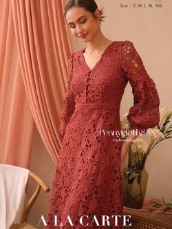 69529 ชุดเดรสลูกไม้ เนื้อทอใหม่ ความหนากำลังดี ลายลูกไม้สวยหรู มีซับใน คอวีแต่งกระดุมหน้า ซิปหลังสวมง่าย ทรงกระโปรงช่วยพรางหุ่น แขน 3 ส่วน สีแดงอมส้ม สีน้ำตาล สีน้ำเงิน