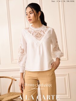 69490 เสื้อ Alacarte ชีฟองซิลด์ งานปักฉลุที่อก และแขน มีซับใน สวยหรู สีขาว L,XL,3XL