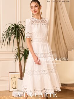 69657 ชุดเดรส A La Carte ลูกไม้คอตตอน ตัดสลับลูกไม้ คอกลม แขนสั้น กระโปรงทรงแฟร์ สวยหวาน