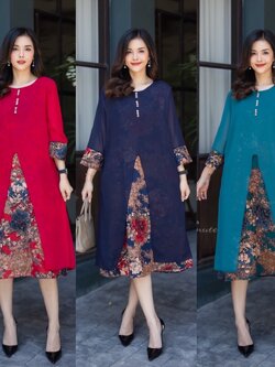 P8841 เดรสลินินเกรด ลายพิมพ์ดอกกุหลาบ ตัวนอกผ้าชีฟองตัดชายโค้ง เเต่งกระดุมสุดเก๋ เดรสมีกระเป๋าซ่อน อก 44 ยาว 44 นิ้ว สีเเดง กรม เขียวทะเล