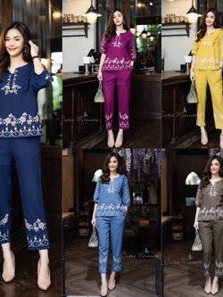 P0451 🦋ชุดเซ็ทผ้าลินิน🦋เนื้อผ้านิ่ม ตกแต่งด้วยงานปักลายดอกไม้ ตกเเต่งงานปักลายดอกที่คอและแขน กางเกงมีกระเป๋าที่แต่งด้วยงานปัก อก 44 นิ้ว กรม ม่วงมะปราง เหลือง ฟ้า นต.อ่อน