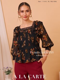 69212 เสื้อ Alacarte ชีฟองพิมพ์ลาย แต่งทริมลูกไม้ ตีเกล็ด มีซับใน คอเหลี่ยม แขน 3 ส่วน